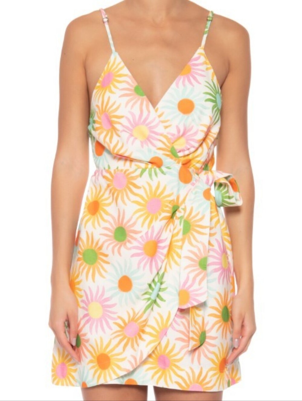 FARM Rio Multicolor Floral Sunburst Wrap Mini Dress